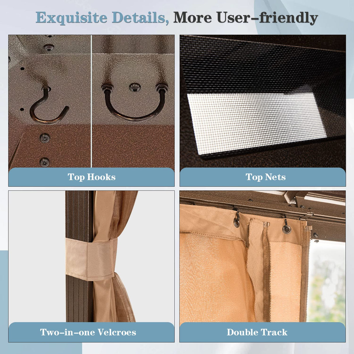 MELLCOM 10' x 12' Hardtop Gazebo, Brown Permanent Pavilion Gazebo with Curtains and Netting, Galvanized Steel Metal Double Roof Aluminum Gazebo with Aluminum Frame for Patio, Lawn & Garden MELLCOM