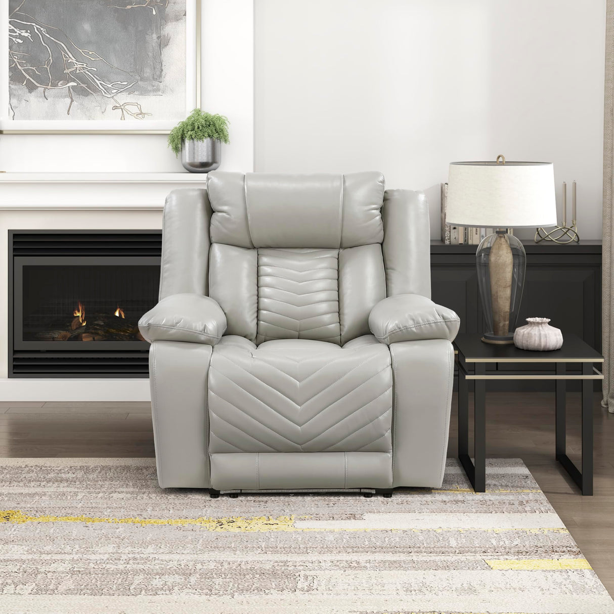 Lexicon Power Recliner Chair, Faux Leather Upholstered Home Theater Seating with LED Lighting, USB Charging Ports, Single Wall Hugger Reclining Chair for Living Room/Bedroom Easy Assembly, Gray Lexicon