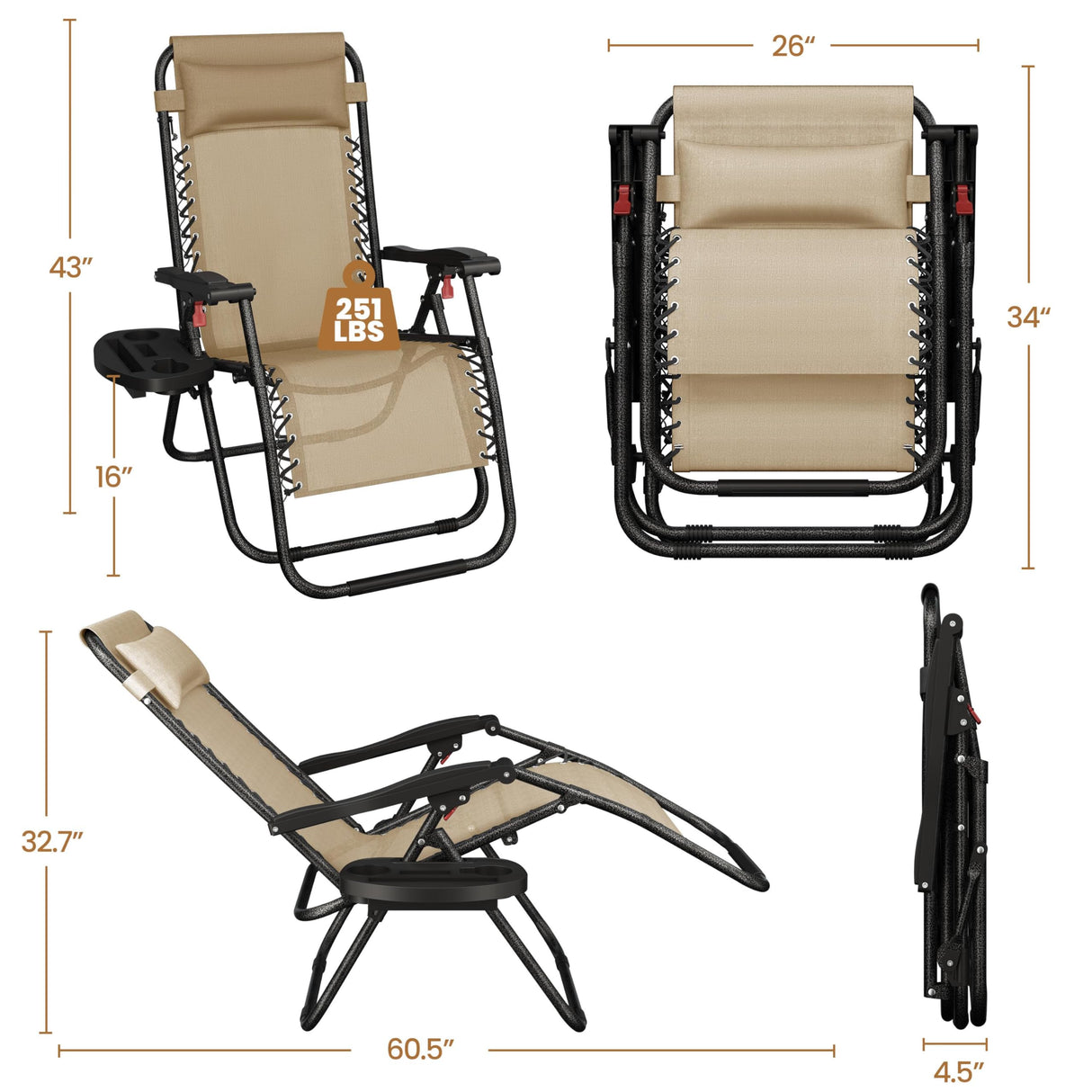 Yaheetech Zero Gravity Recliners Outdoor Adjustable Folding Reclining Lounge Chairs w/Pillows, Cup Holder Trays and Carry Strap for Patio Backyard Beach Beige Set of 2 Yaheetech