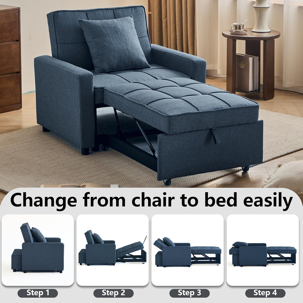 Yosonch Sofa Bed Chair Convertible ,Sleeper Sofa with Pull-Out Bed ,3-in-1 Futon Couch with Reclining Backrest and Side Pocket (Blue, 35.6‘) Yosonch