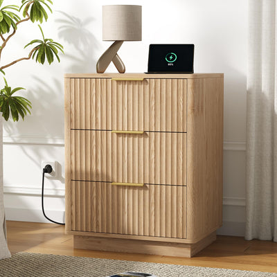 Rovaurx 21.7" Wide Fluted Nightstand with Charging Station, Mid Century Bedside Table with 3 Drawers, Oversized End Table for Bedroom, Curved Profile Design, Natural RCTG115ME