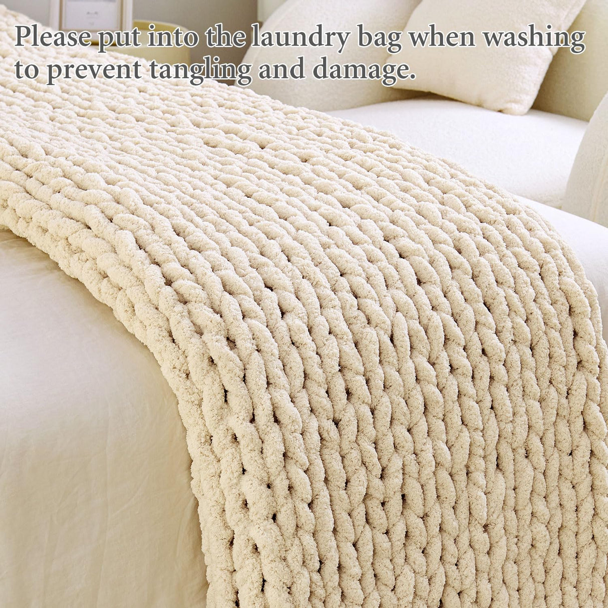 Admitrack Chunky Knit Blanket Throw 51"x63", 100% Hand Knit Chenille Throw Blanket for Sofa & Home Decor, Soft and Cozy Knitted Throw Blankets (Ivory,51"x63") Admitrack