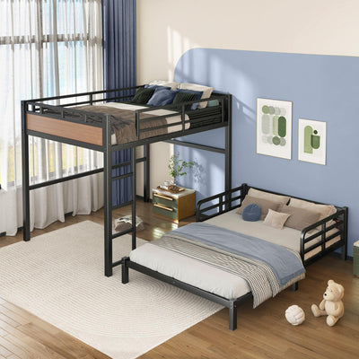 HKOLIE Full XL Over Full XL Bunk Bed, Convertible Metal Bunk Beds Can Separate into Loft Bed and Platform Bed, Heavy Duty Noise-Free Bed Frame with Safety Rails for Adults Teens Kids, Walnut