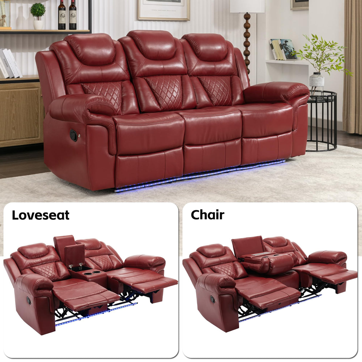 Olodumare 3 Pieces Living Room Furniture Sets,Recliner Leather Sectional Sofa, Home Theater Seating Manual Recliner with Center Console and LED Light Strip for Living Room, Office.Wine Red(3+2+1 Olodumare
