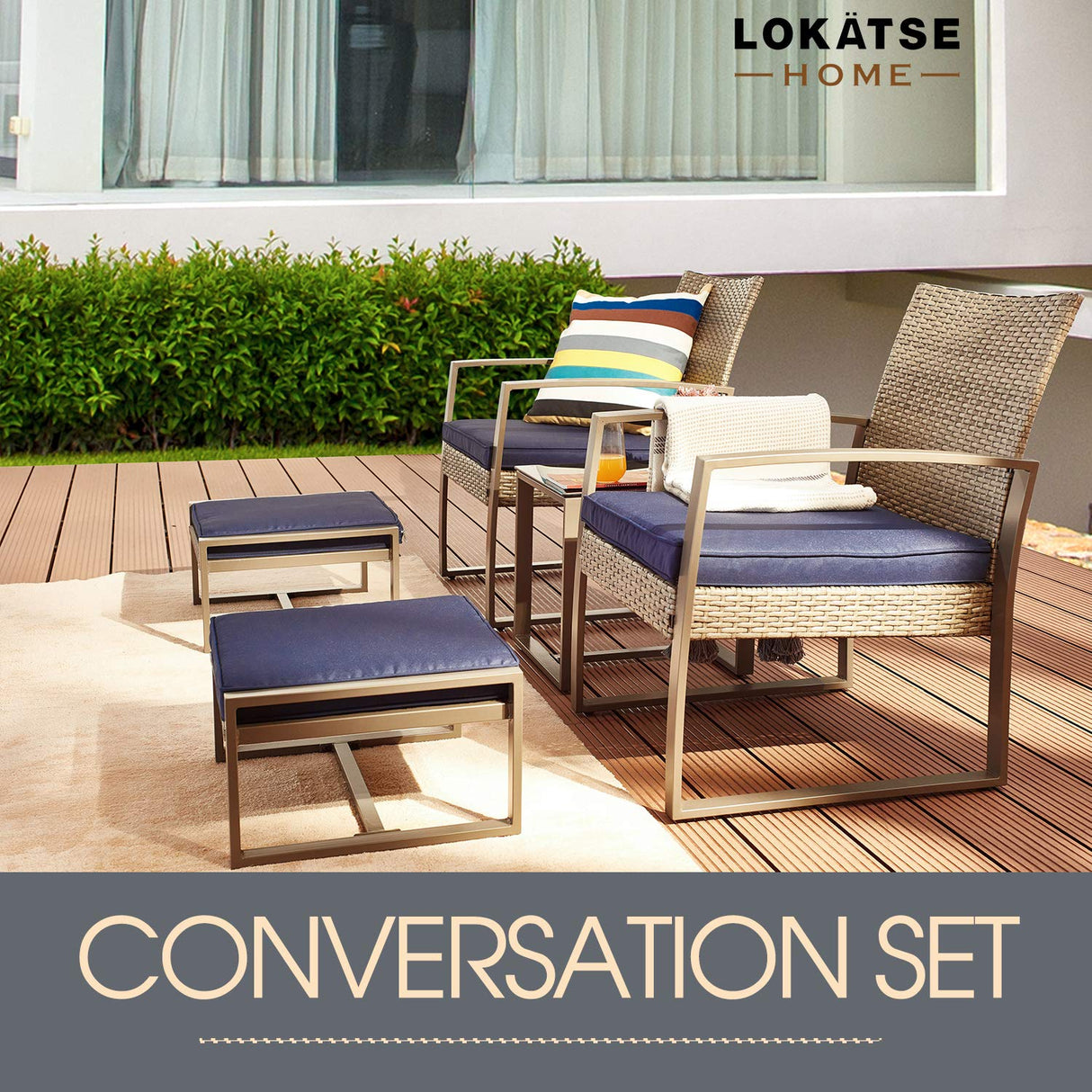 LOKATSE HOME 5-Piece Wicker Outdoor Conversation Set Patio Furniture PE Rattan All Weather Cushioned Chairs Balcony Porch with Ottoman and Glass Coffee Side Table, Blue LOKATSE HOME