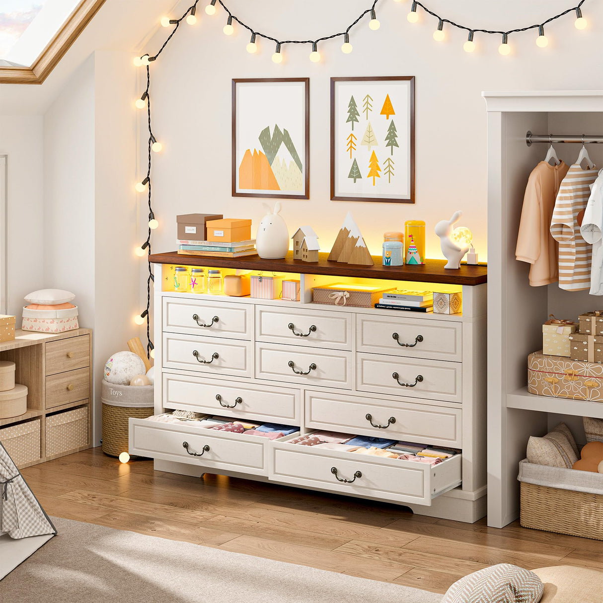 EnHomee Farmhouse Dresser with LED & Power Outlet 55.2''W Wood Dresser for Bedroom White 10 Drawers Dresser Vintage Dressers & Chests of Drawers Dresser TV Stand, Hallway, Antique White EnHomee