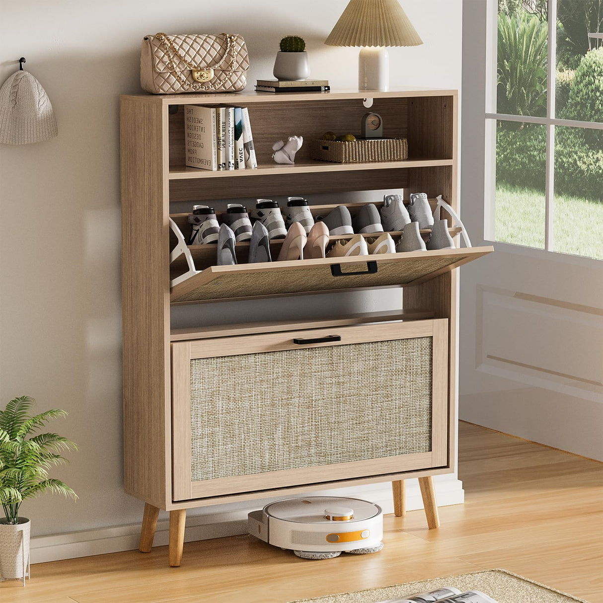 VECHOLL Rattan Shoe Cabinet with 2 Flip Drawers Freestanding Shoe Storage Cabinet for Entryway Slim Hidden Shoe Cabinet with Open Shelf Boho Shoe Rack Cabinet for Hallway, Natural Oak VECHOLL
