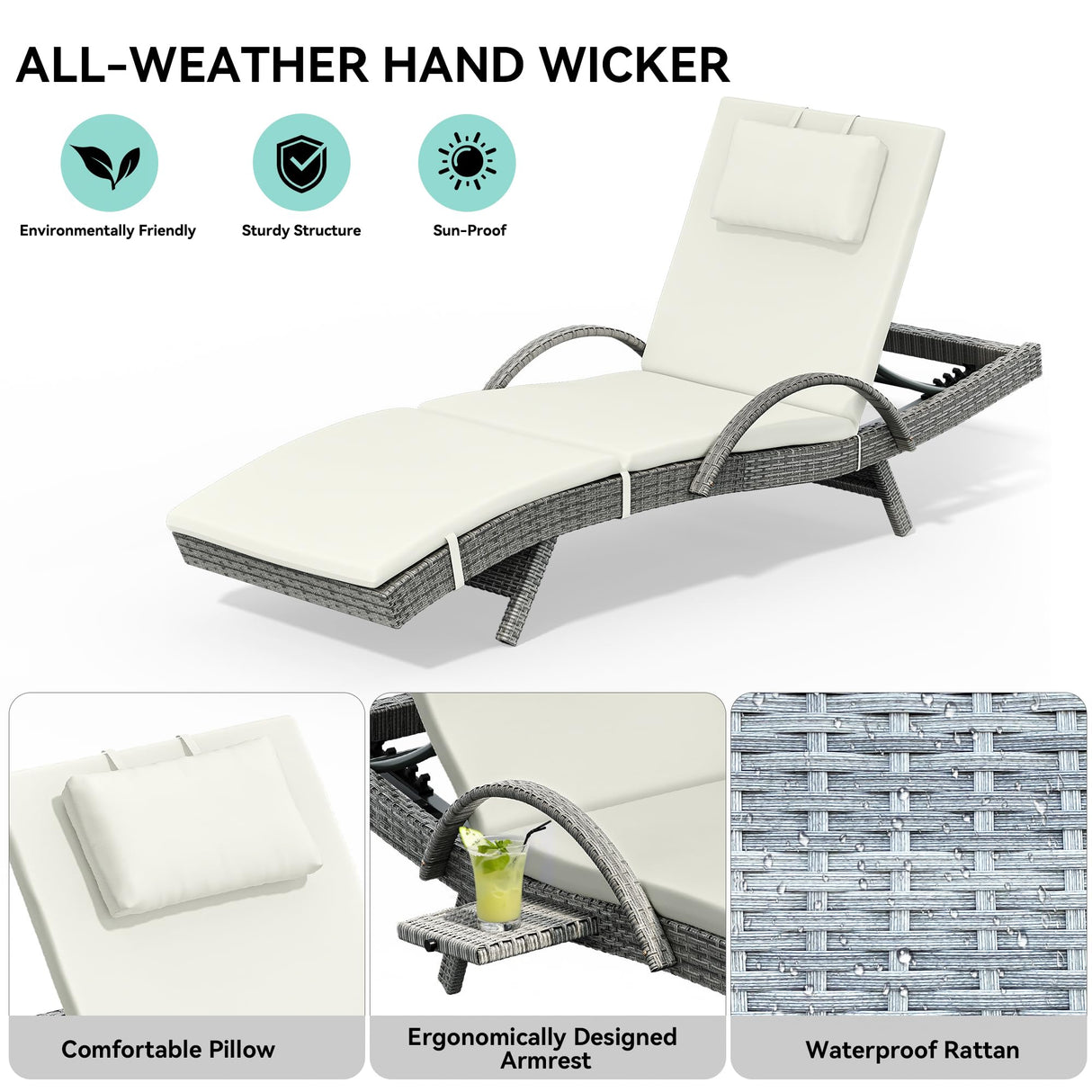 YITAHOME Patio Chaise Lounge Chair Set of 4, Wicker Chaise Lounge Outdoor Rattan Reclining Chair with Armrests/Pull-out Cup Holder/5-Position Backrest/Cushion & Headrest-Beige YITAHOME