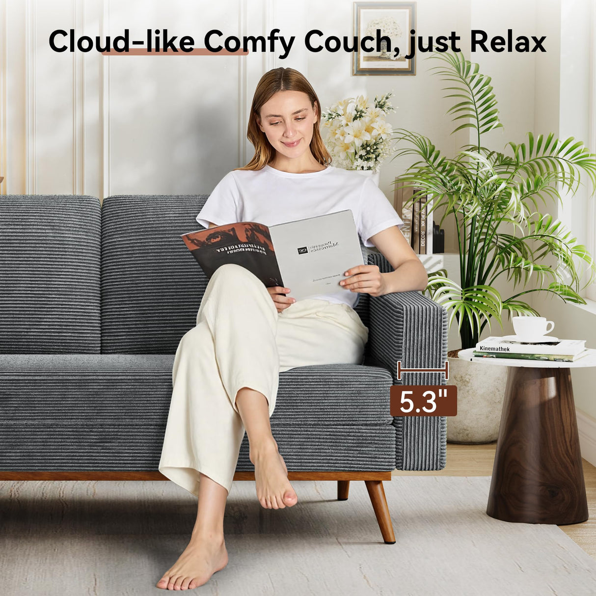 Vipbear 65.4" Loveseat Sofa Grey Corduroy Couch, Mid-Century Modern Small Couches for Living Room, Bedroom, Office, Comfy Sofa with Spring Cushion, Solid Wood Frame, Tool-Free Assembly Vipbear