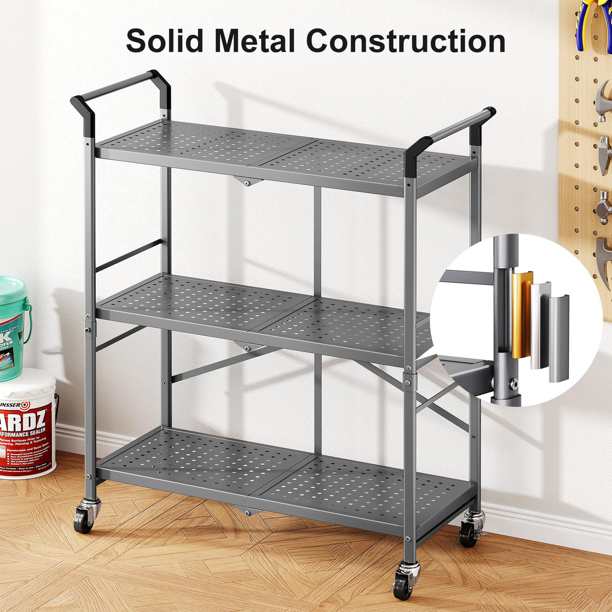 HKWOTINHA Folding Rolling Cart with Wheels - 3 Tier Collapsible Utility Cart, Metal Service Cart (Large) HKWOTINHA