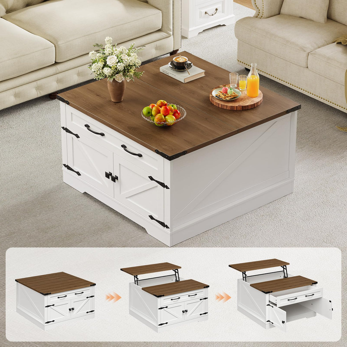RALGEND Farmhouse Lift Top Coffee Table with Storage, Square Wooden Center Table with Drawers for Living Room, Rustic Coffee Table with Hidden Compartment, White and Walnut