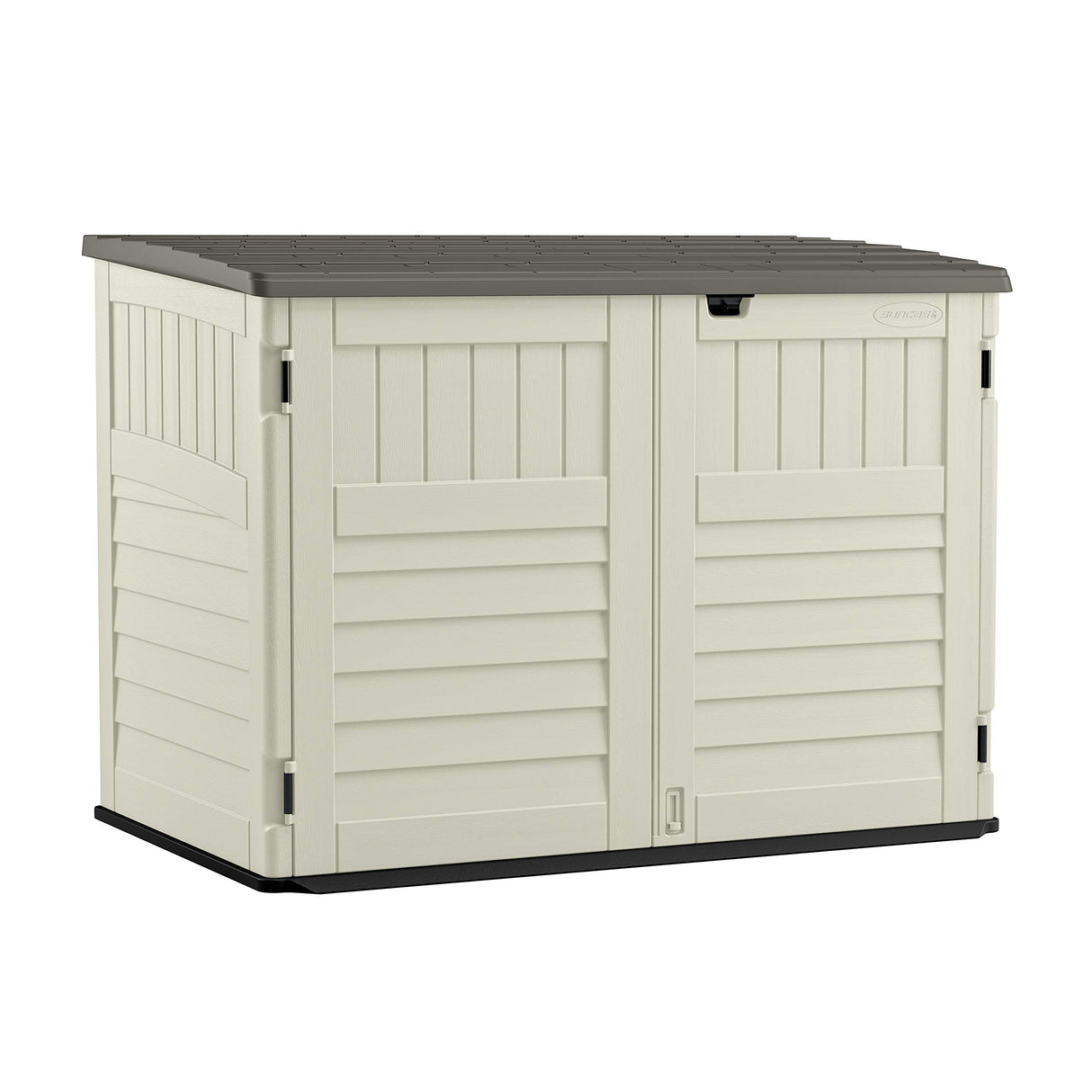 Suncast 5.9 ft. x 3.7 ft Horizontal Stow-Away Storage Shed - Natural Wood-like Outdoor Storage for Trash Cans and Yard Tools - All-Weather Resin, Hinged Lid, Reinforced Floor - Vanilla and Stoney Suncast