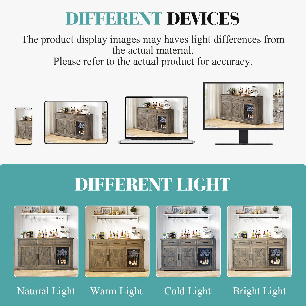 LUXOAK 60" Farmhouse Coffee Bar Cabinet with Beverage Fridge (Included), Wine Bar Cabinet with Drawer Storage, Mini Fridge Cabinet, Sideboard Cabinet for Dining Room, Living Room-Brown LUXOAK