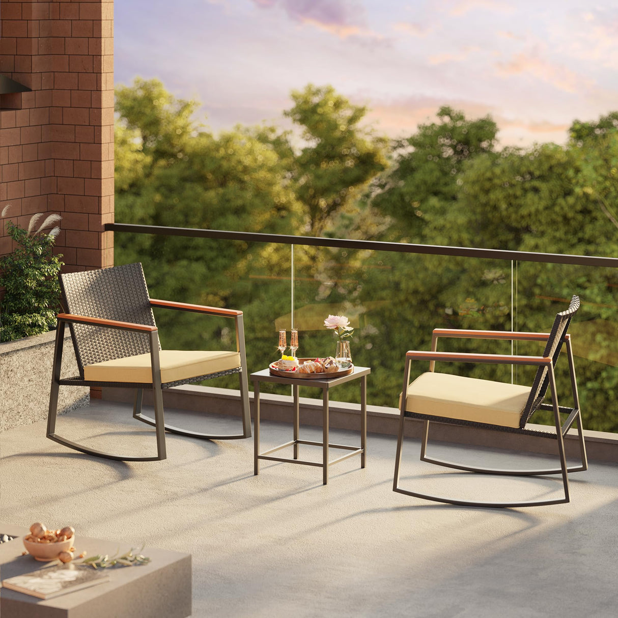 Gizoon 3 Pieces Rocking Patio Bistro Set with Anti-Scald Armrest, Outdoor Patio Wicker Furniture Set with Glass Table and Cushion for Garden, Yard, Porch Gizoon