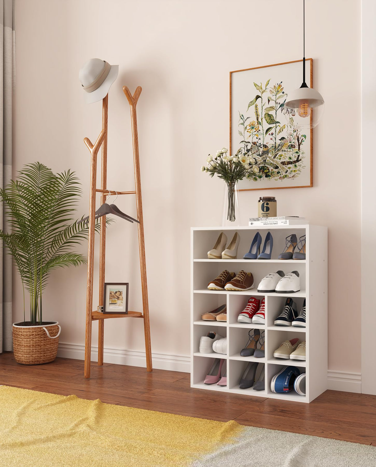 HAIOOU Shoe Cubby, 9-Cube Stackable Wood Shoe Rack Organizer 5-Tier Freestanding Wooden Shoe Stand with 2 Storage Shelf for 10-15 Pairs, Ideal for Apartment, Entryway, Closet Organization - White HAIOOU