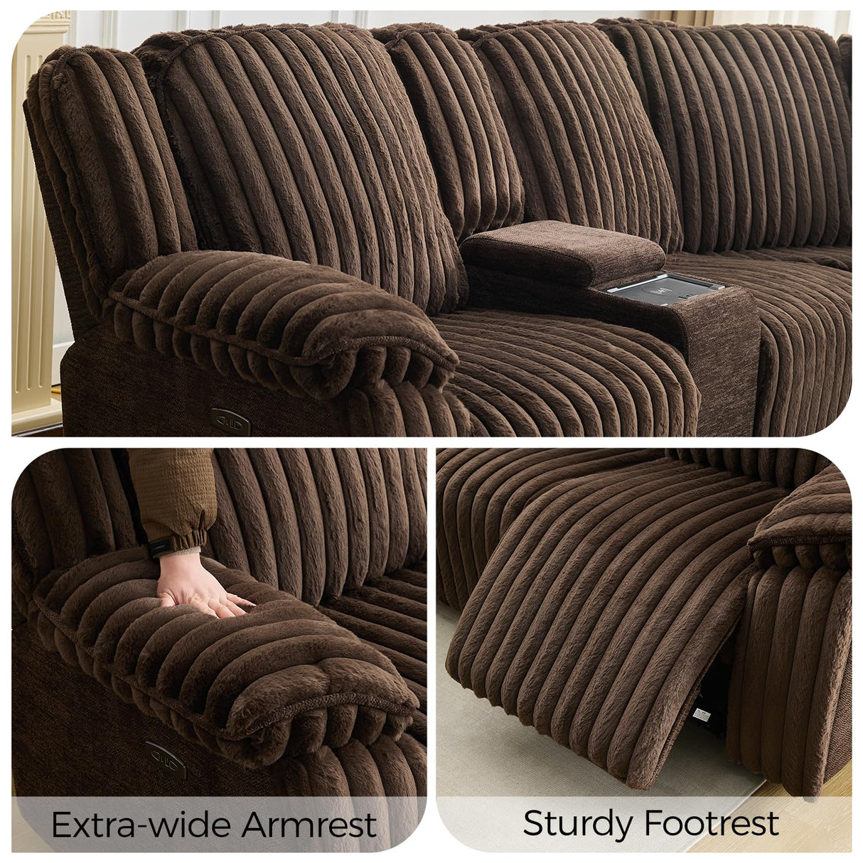 Power Electric Reclining Sectional Sofa with Wireless Charger for Living Room, Plush Faux Fur Sectional Couch with Recliner, 6 Seaters Comfy Recliner Corner Sectionals Sets with Cup Holders, Brown Comfort Stretch