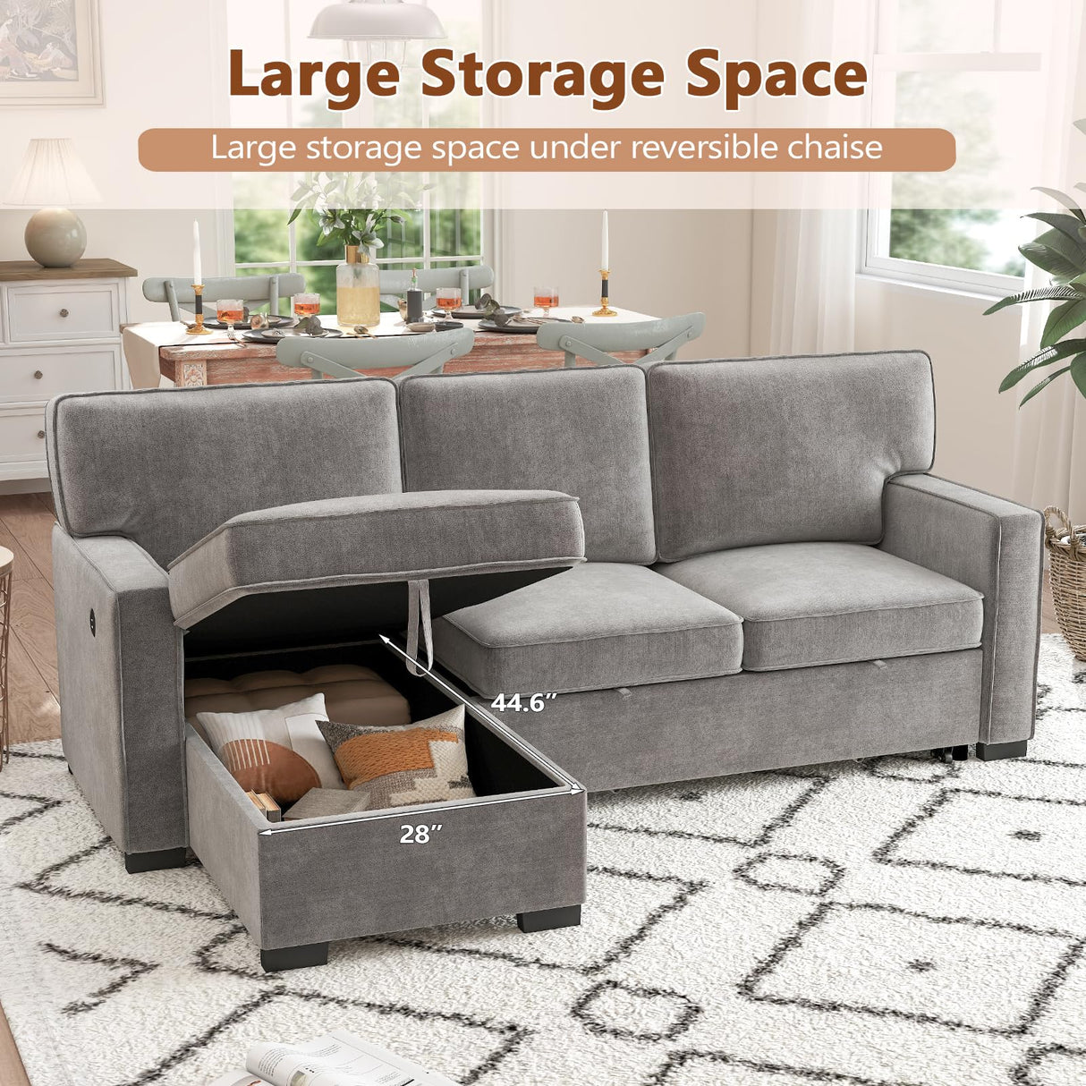 HAOMARKETS L Shaped Convertible Sleeper Sofa Bed, 90” Pull Out Couch Bed with Cup Holders and USB Charging Port, Sectional Couch Reversible Chaise with Storage for Living Room Apartment, Grey HAOMARKETS