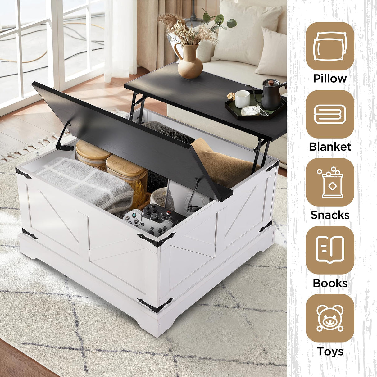 KIGOTY Lift Top Coffee Table with Storage, 31.5" Square Coffee Table, Rustic Storage Coffee Table,Farmhouse Center Table with Hidden Compartment for Living Room,White KIGOTY