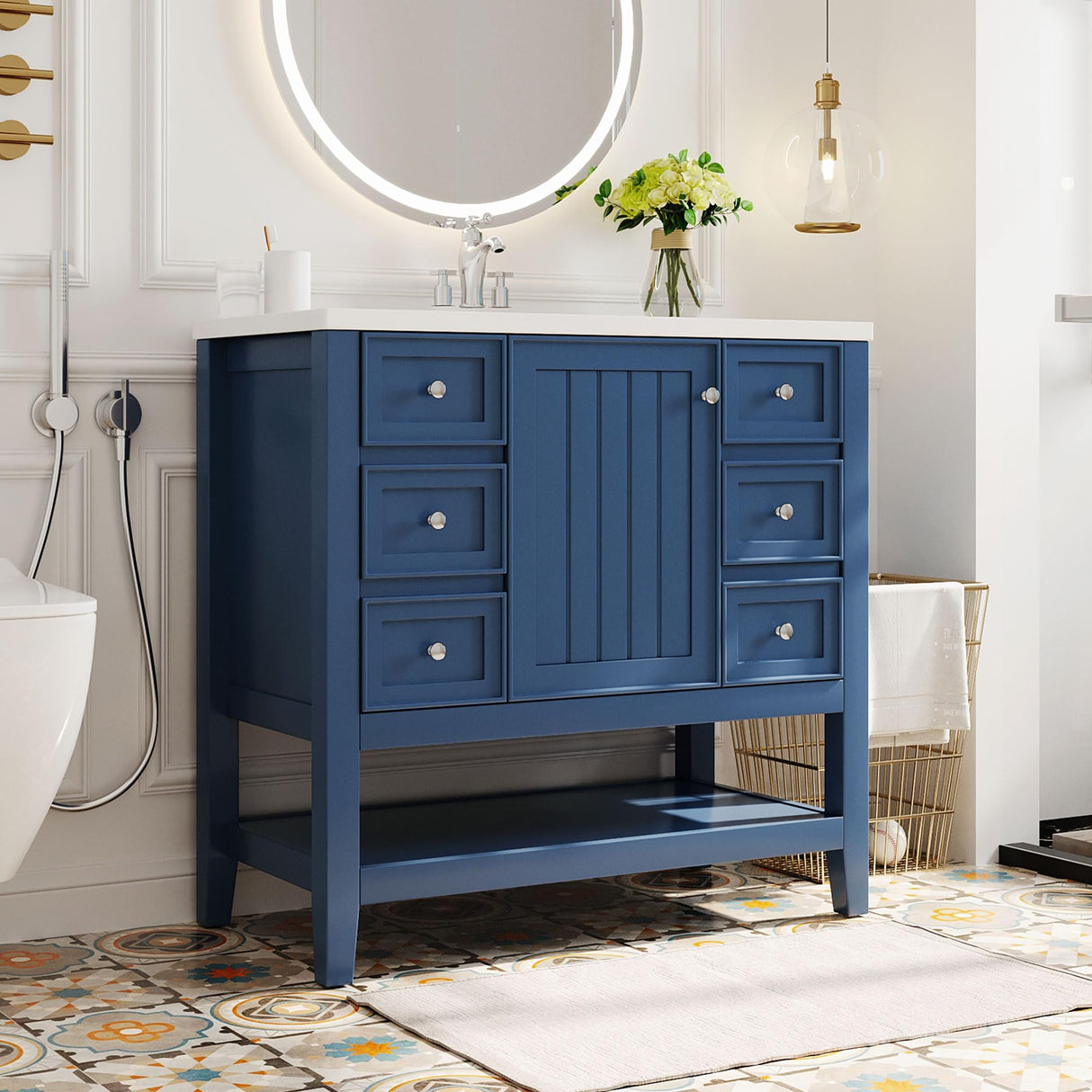 THINK 30 36" Bathroom Vanity,Vanity with Sink Combo, One Cabinet and Three Drawers, Solid Wood and MDF Board,Blue THINK 30