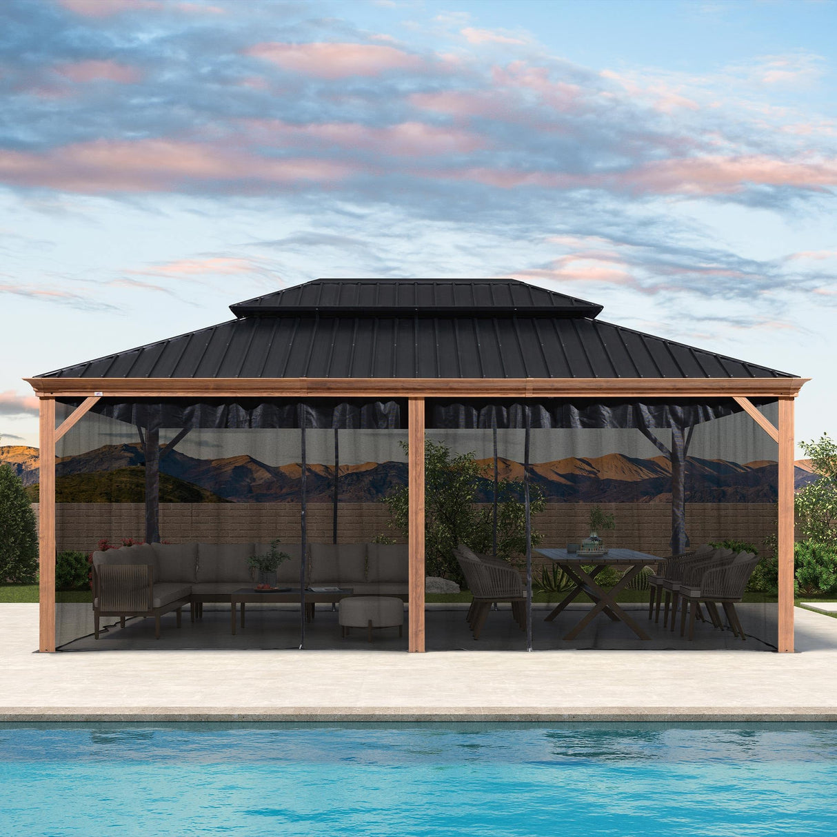 PURPLE LEAF 14' X 20' Outdoor Hardtop Gazebo for Patio Galvanized Steel Double Roof Permanent Canopy Teak Finish Coated Aluminum Frame Pavilion Gazebo with Netting PURPLE LEAF