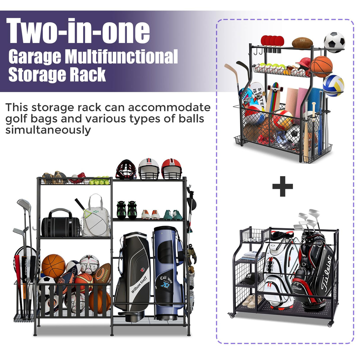 JIRTEMOT Sports Equipment Organizer, Heavy Duty Golf Bags Stand, Extra Large Ball Storage Rack for Garage, Sports Gear Storage with Basket and Hooks, Black JIRTEMOT