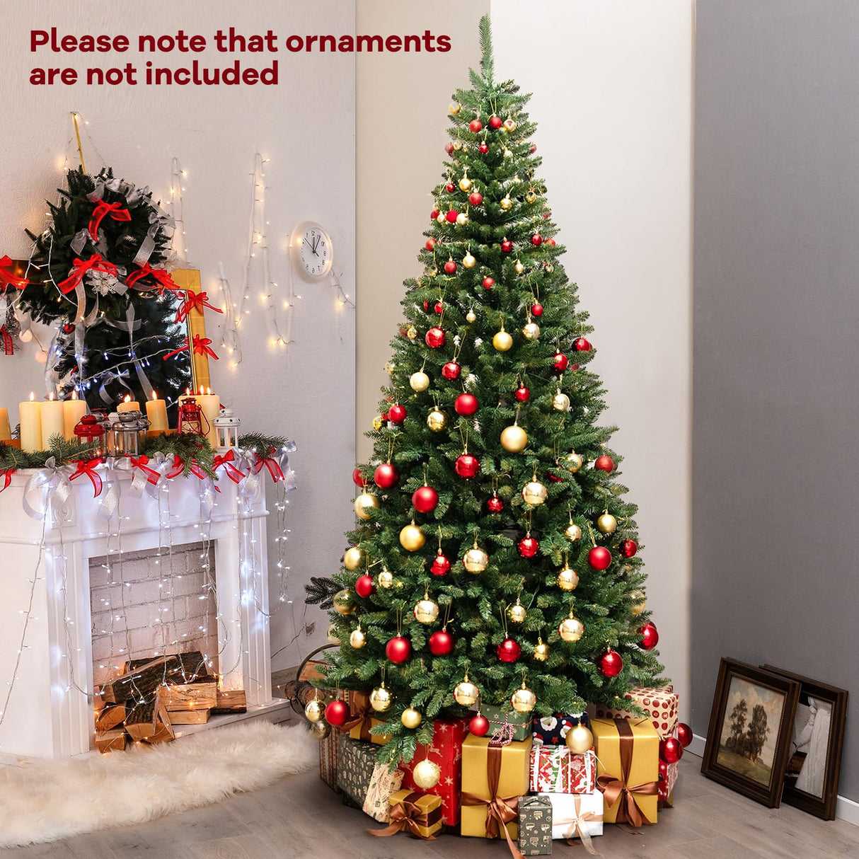 Goplus 8 FT 270° Pre-Lit Corner Christmas Tree for Wall, Artificial Hinged Xmas Tree with 360 Warm White LED Lights, 1137 Branch Tips, Folding Metal Stand, Festive Decoration for Small Space Goplus