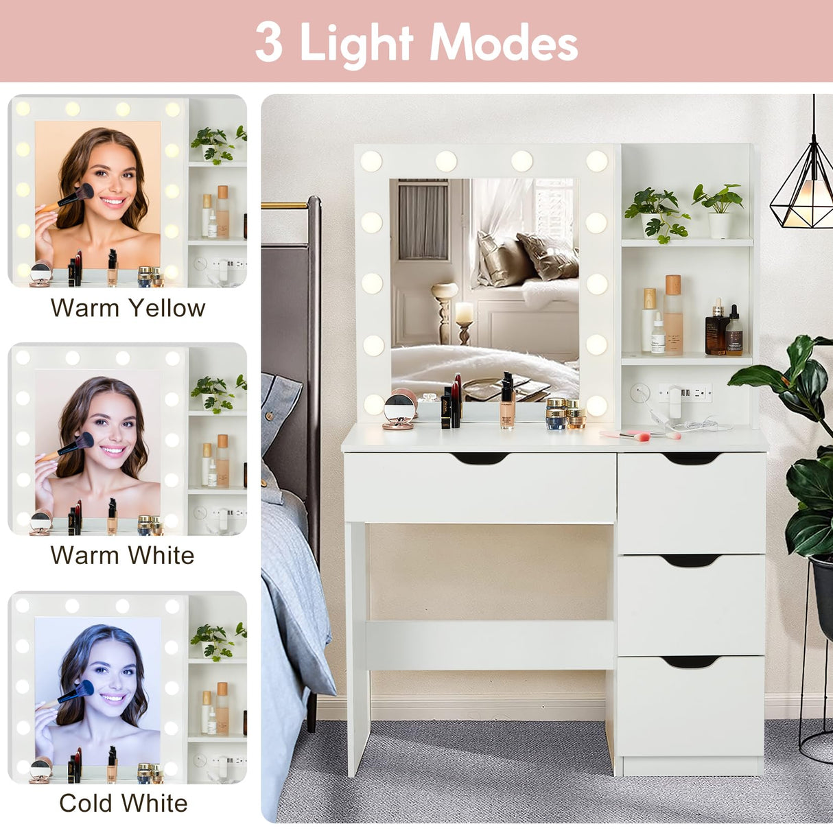 JoanKaren Modern Vanity Makeup Desk with Vanity Mirror, Built-in Lights, 4 Drawers, Crystal Ball Knobs, Power Outlet, White Makeup Desk for Bedroom JoanKaren