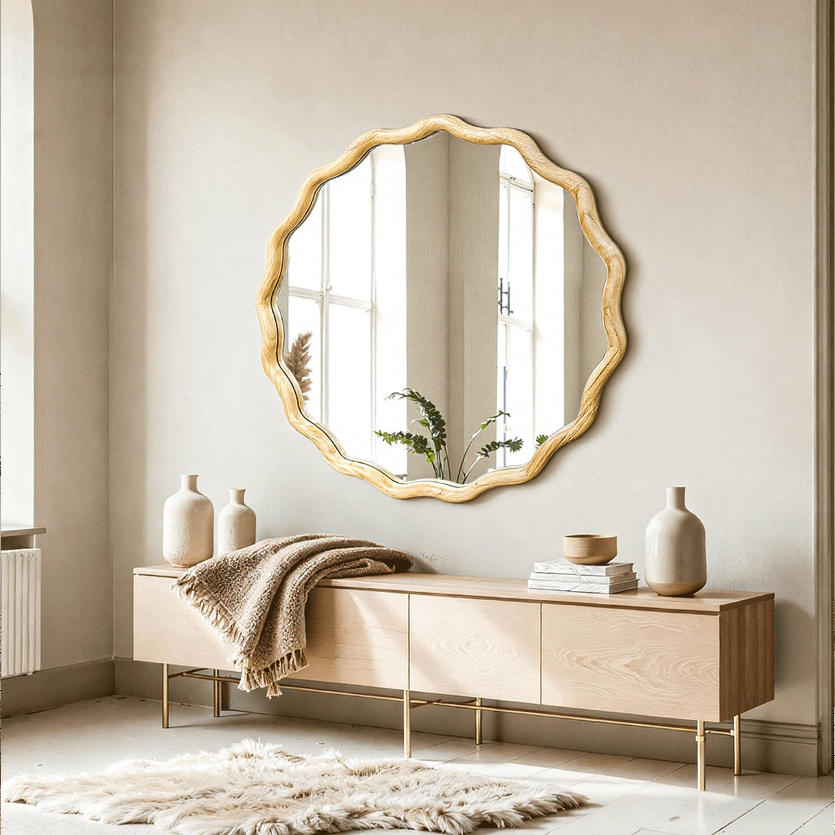 Circle Wood Mirrors for Wall, Wavy Round Bathroom Scalloped Mirror Wooden Frame 24 Inch for Living Room Farmhouse Bedroom Hallway Entryway Living Room with Shatterproof Glass Wall Mounted FGU
