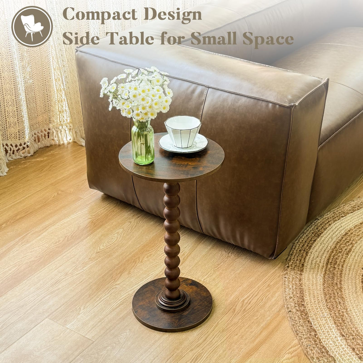 Fultyle Round Side Table, Small Drink Table for Small Spaces, Modern Accent End Table Coffee Table with Solid Wood Leg for Living Room, Bedroom, Corners, and Office (Rustic Brown) Fultyle