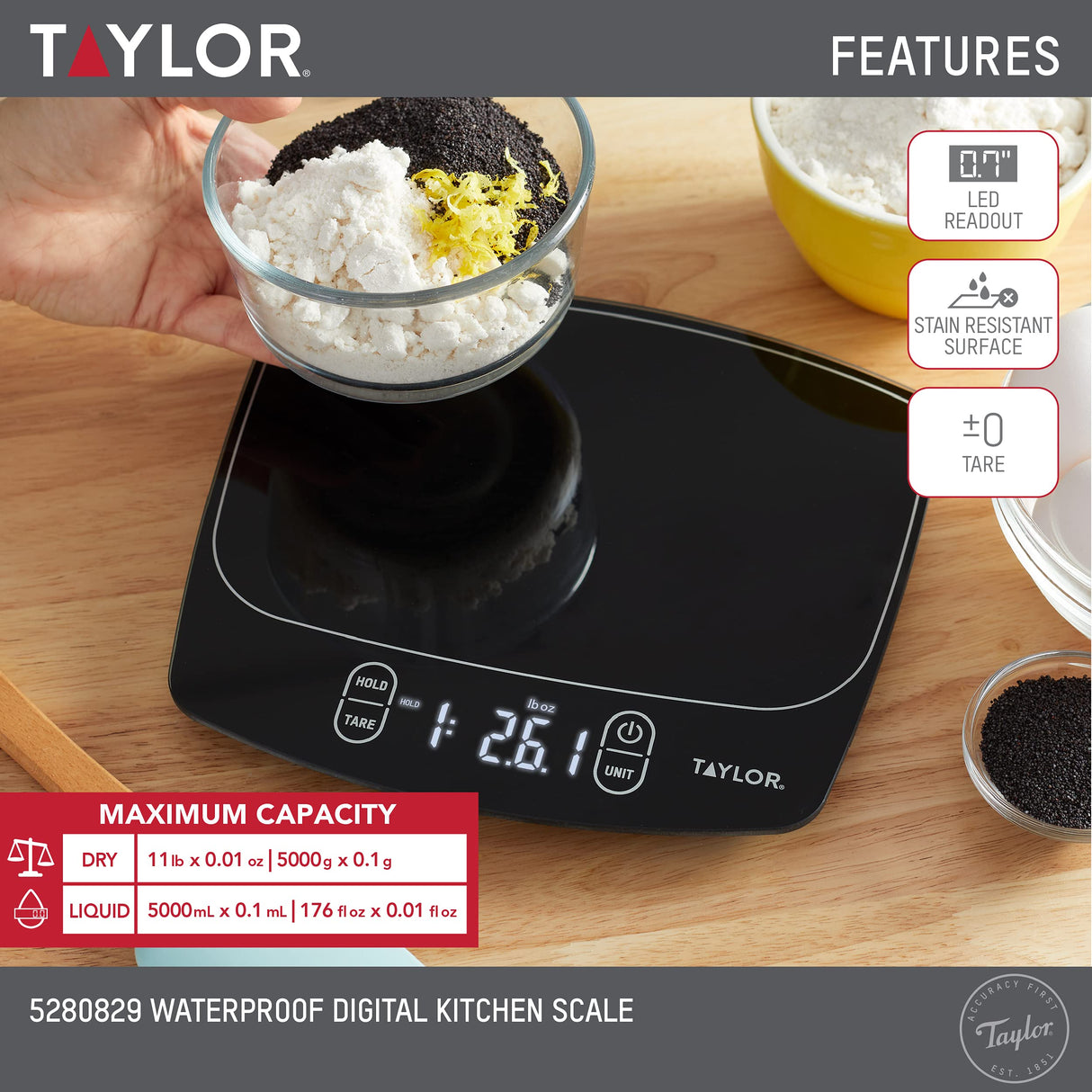 Taylor Waterproof Digital Kitchen Scale, 11 pounds, Black Taylor