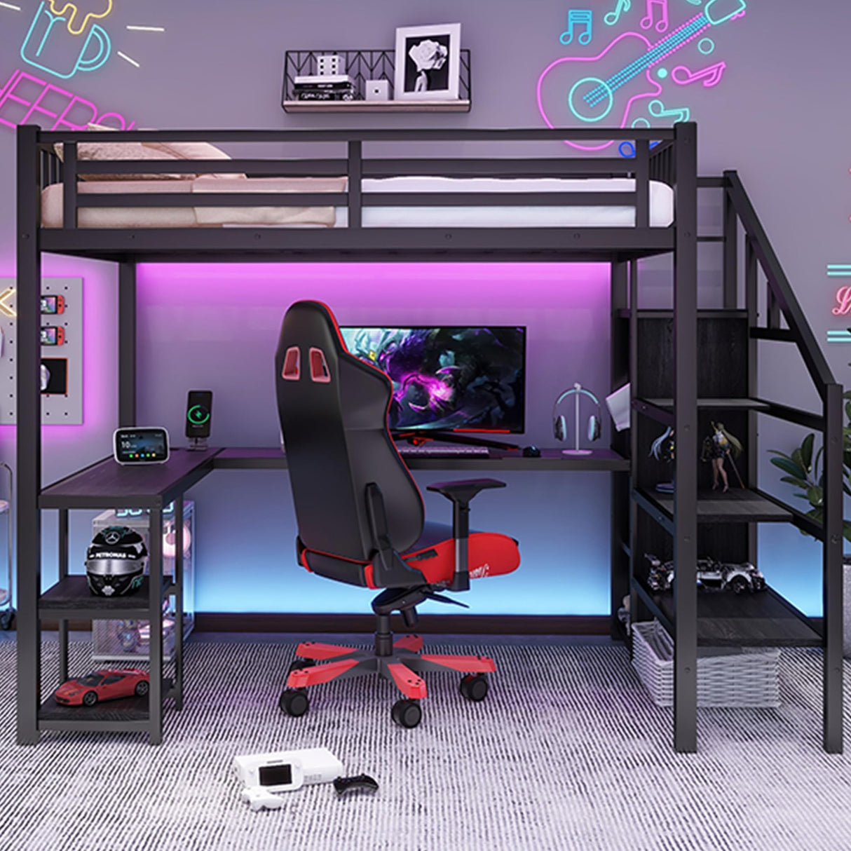 Full Size Loft Bed with Desk,Metal Heavy Duty Full LoftBed with Stairs,Wardrobe and Shelves, High Gaming Loft Beds with LED Light and USB Charging Station for Kids, Teens, Adults, Black Mirightone
