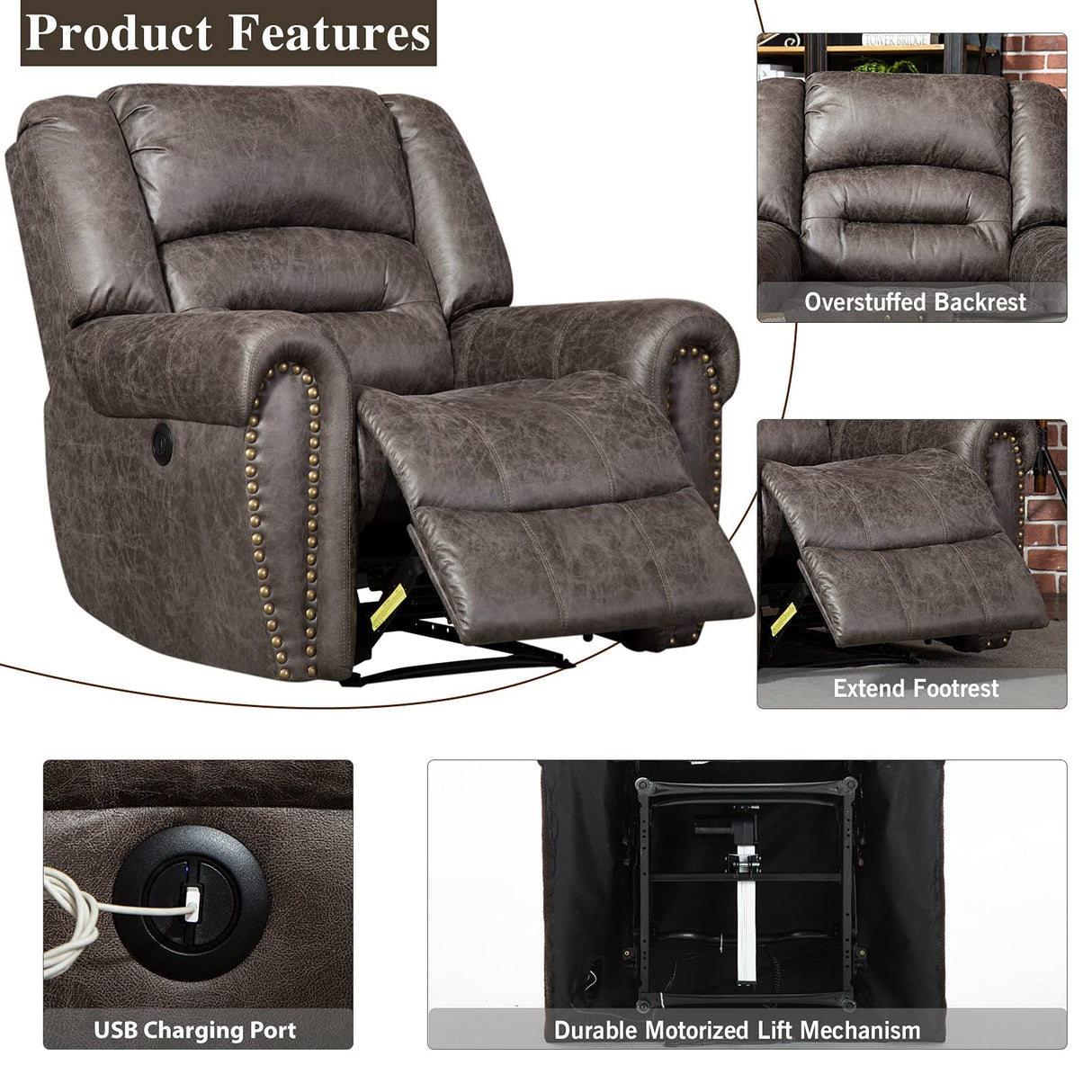 ANJ Electric Power Recliner Set of 2, Breathable Bonded Leather Reclining Chair Classic Home Theater Recliners Seating W/USB Port (Smoky Gray) ANJ