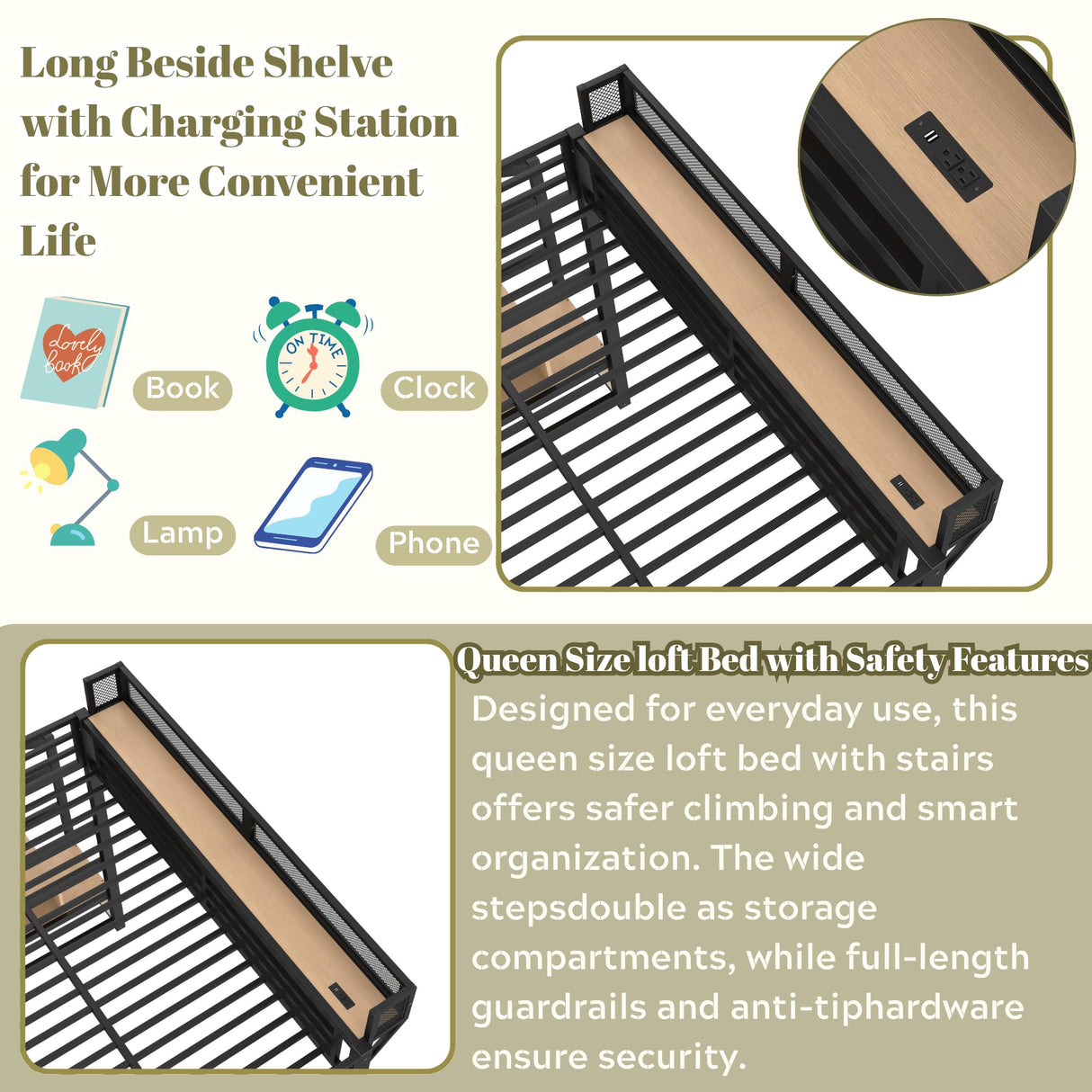 Queen Loft Beds with Storage Beside Shelves and Wardrobe, Metal Loft Bed Queen with LED Lights and USB Ports, Heavy-Duty Loft Bed Frame for Teens, Adults, Noise-Free & Space-Saving, Black Bellemave