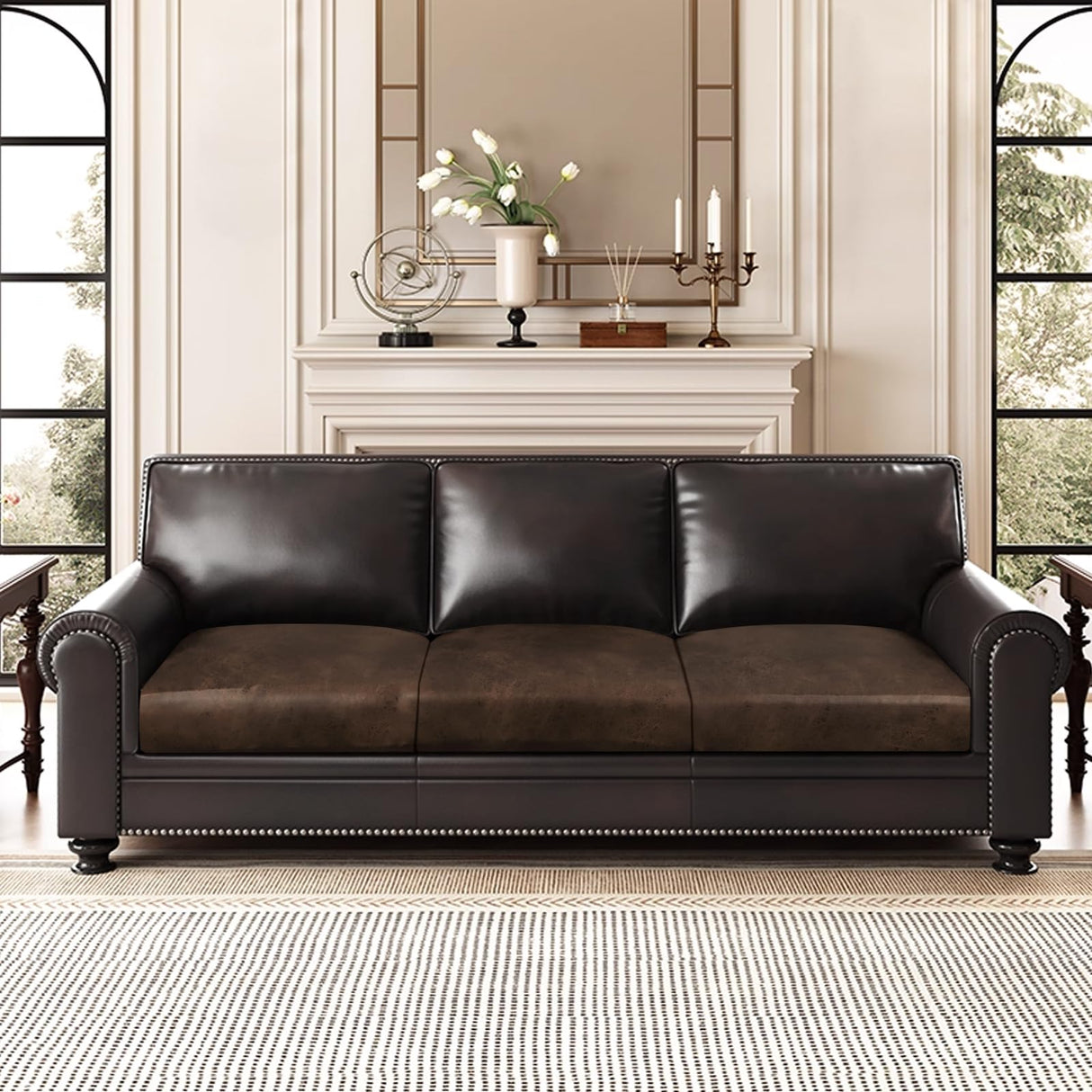 Leather Look Couch Cushion Covers Sofa Seat Slipcovers Sets Couches Furniture Protector for Sectional Armchair Loveseat Pets Kids Stretch Spandex Fabric, Machine Washable (3 Cushion Sofa, Brown) ANARACHON