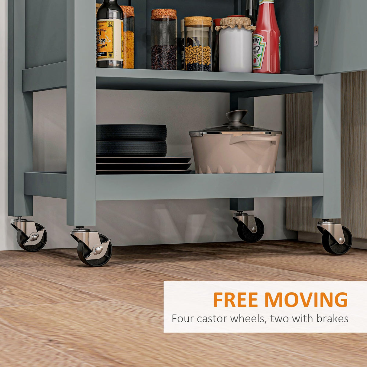 HOMCOM Utility Kitchen Cart, Rolling Kitchen Island with Smooth Rubberwood Top, Narrow Butcher Block Surface on Wheels with Storage Drawer & Cabinet, Gray HOMCOM