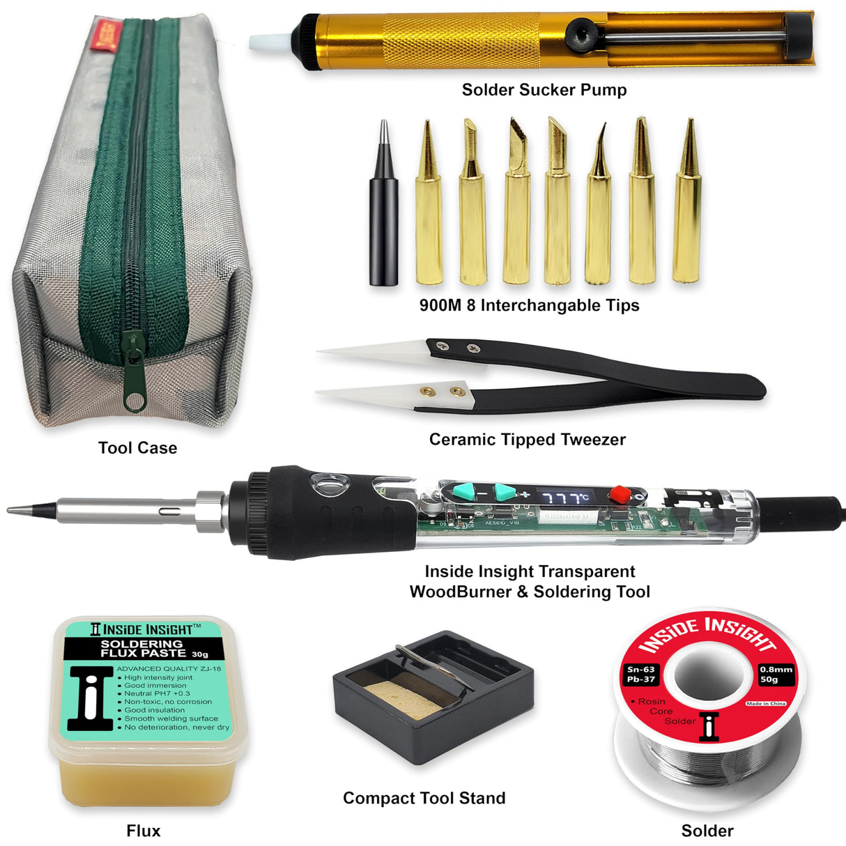 Premium Inside Insight Clear Wood Burning Kit & Soldering Iron Kit + Case, Solder, 8 Tip, Tweezer, Pump, Flux, Precise Pen-Fast Heat, LCD Temp Control 392-932°F, Art, Craft, Electronics, Pro DiY Inside Insight