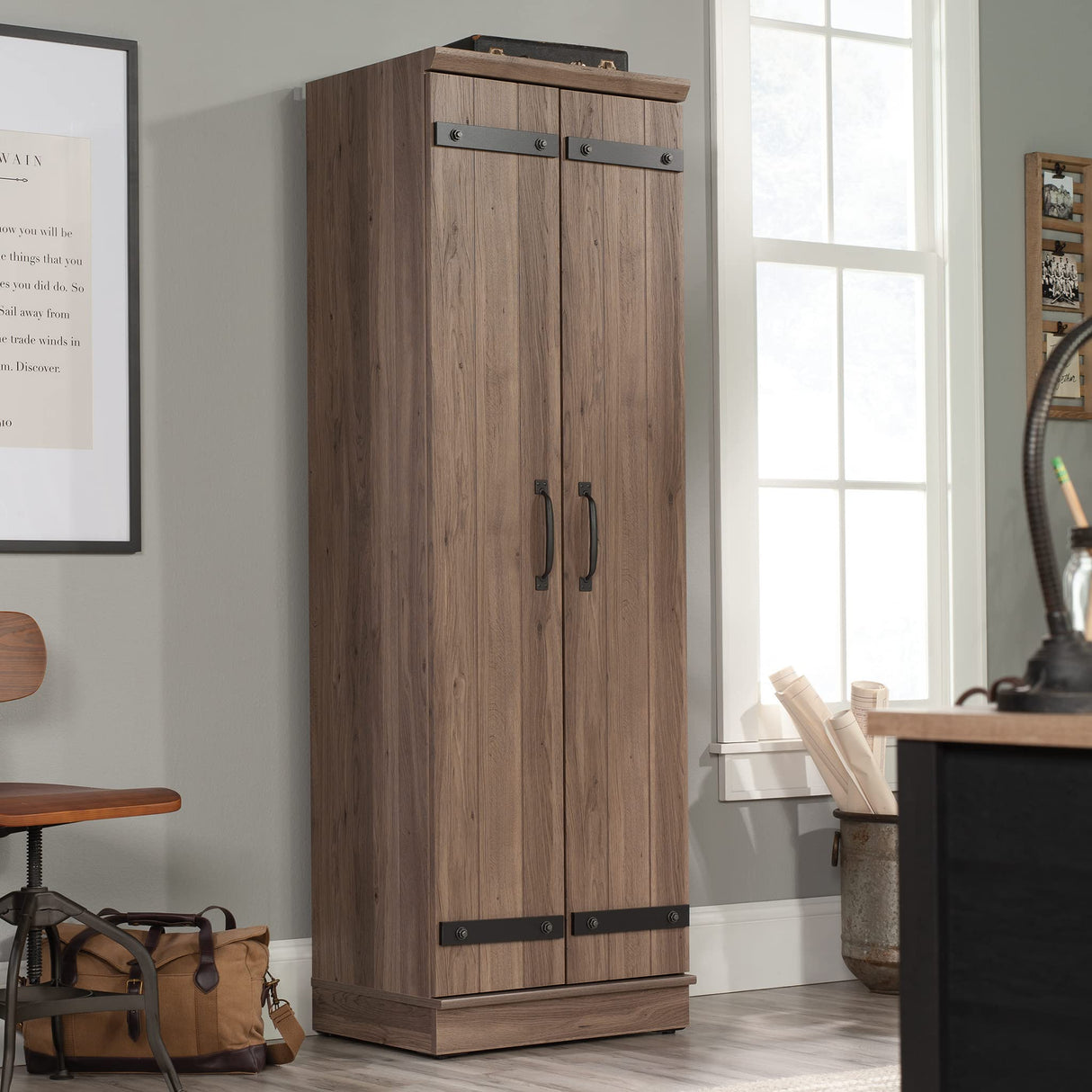 Sauder HomePlus 2-Door Farmhouse Storage Cabinet/Pantry cabinets, Salt Oak Finish Sauder