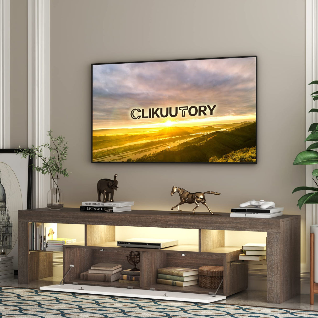 Clikuutory Modern LED TV Stand with Large Storage Drawer for up to 75 Inch TVs, Brown and White Doors, Wood Farmhouse TV Console with Glossy Entertainment Center for Living Room, Bedroom Clikuutory
