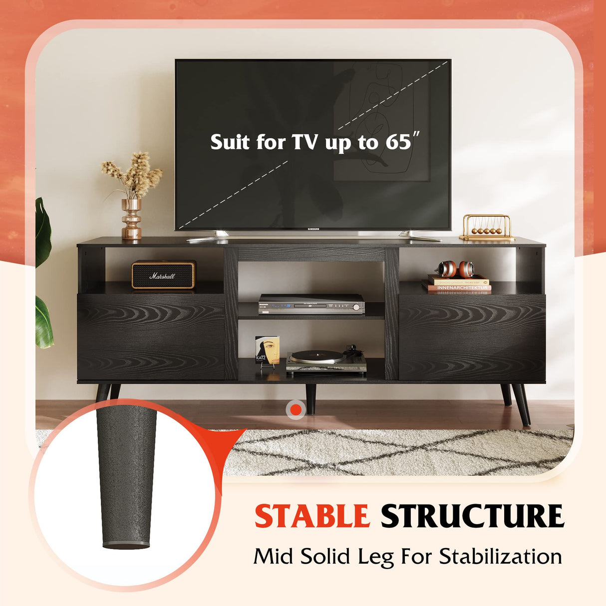 WLIVE TV Stand for 65 Inch TV, 58 inch Entertainment Center with 2 Storage Cabinets, Media Console for Living Room, Bedroom and Office, Black WLIVE