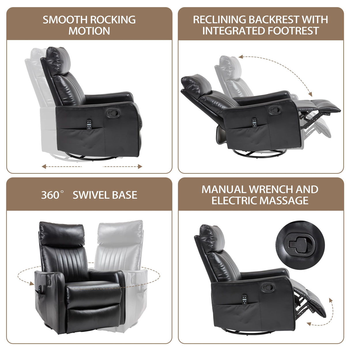 PELUMY Recliner Chair Swivel Rocking with Heat Massage - 360° Manual Recliner, 8-Point Vibrating & Lumbar Heat, Easy Assembly Chair for Living Room (Breathable Leather, Black) PELUMY
