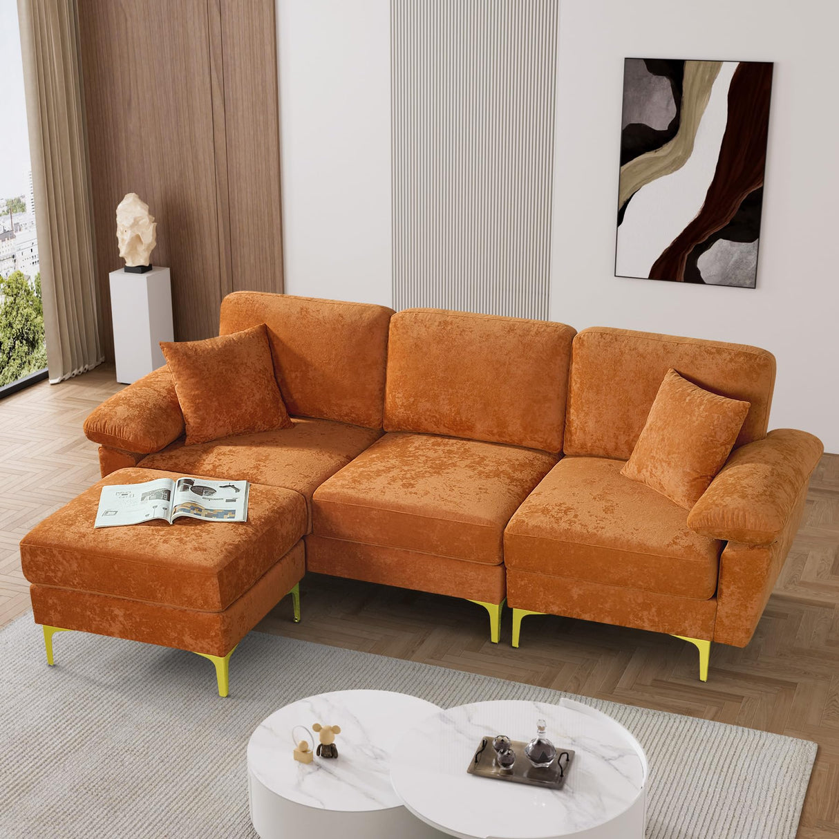 OUYESSIR L Shaped Sectional Sofa Couch, 91" Upholstered Velvet 3 Seat Sofa with Ottoman and Pillows, Comfy Couch Sleeper for Living Room, Bedroom (Orange) OUYESSIR