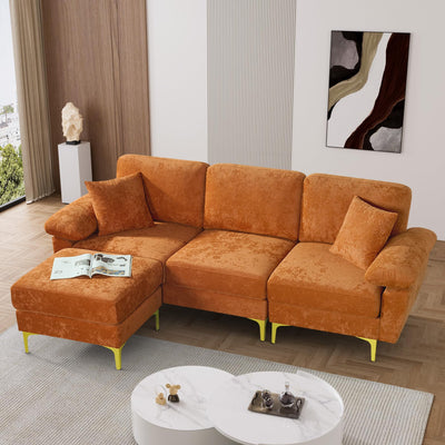OUYESSIR L Shaped Sectional Sofa Couch, 91" Upholstered Velvet 3 Seat Sofa with Ottoman and Pillows, Comfy Couch Sleeper for Living Room, Bedroom (Orange)