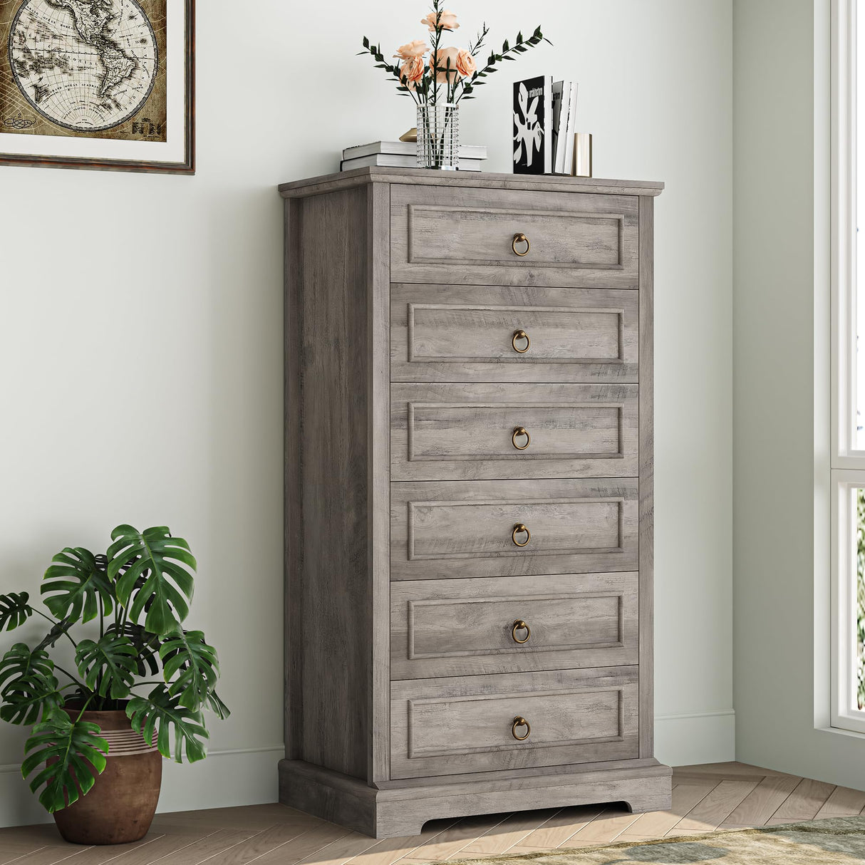 HOSTACK 6 Drawers Dresser, 52" Tall Dresser, Vertical 6 Drawer Dresser, Modern Farmhouse Chest of Drawers, Wood Closet Dresser Storage Dresser Chest for Living Room, Hallway, Entryway, Ash Grey HOSTACK