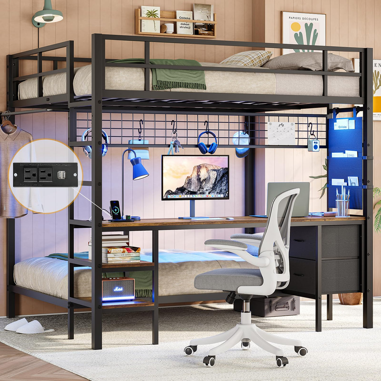 DICTAC Black Full Over Twin Bunk Bed with Integrated Desk, Charging Station, LED Lighting & Storage Solutions DICTAC