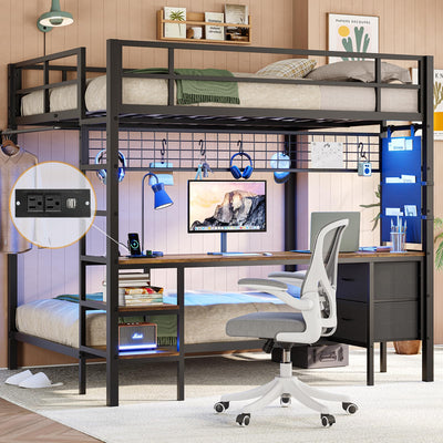 DICTAC Black Full Over Twin Bunk Bed with Integrated Desk, Charging Station, LED Lighting & Storage Solutions