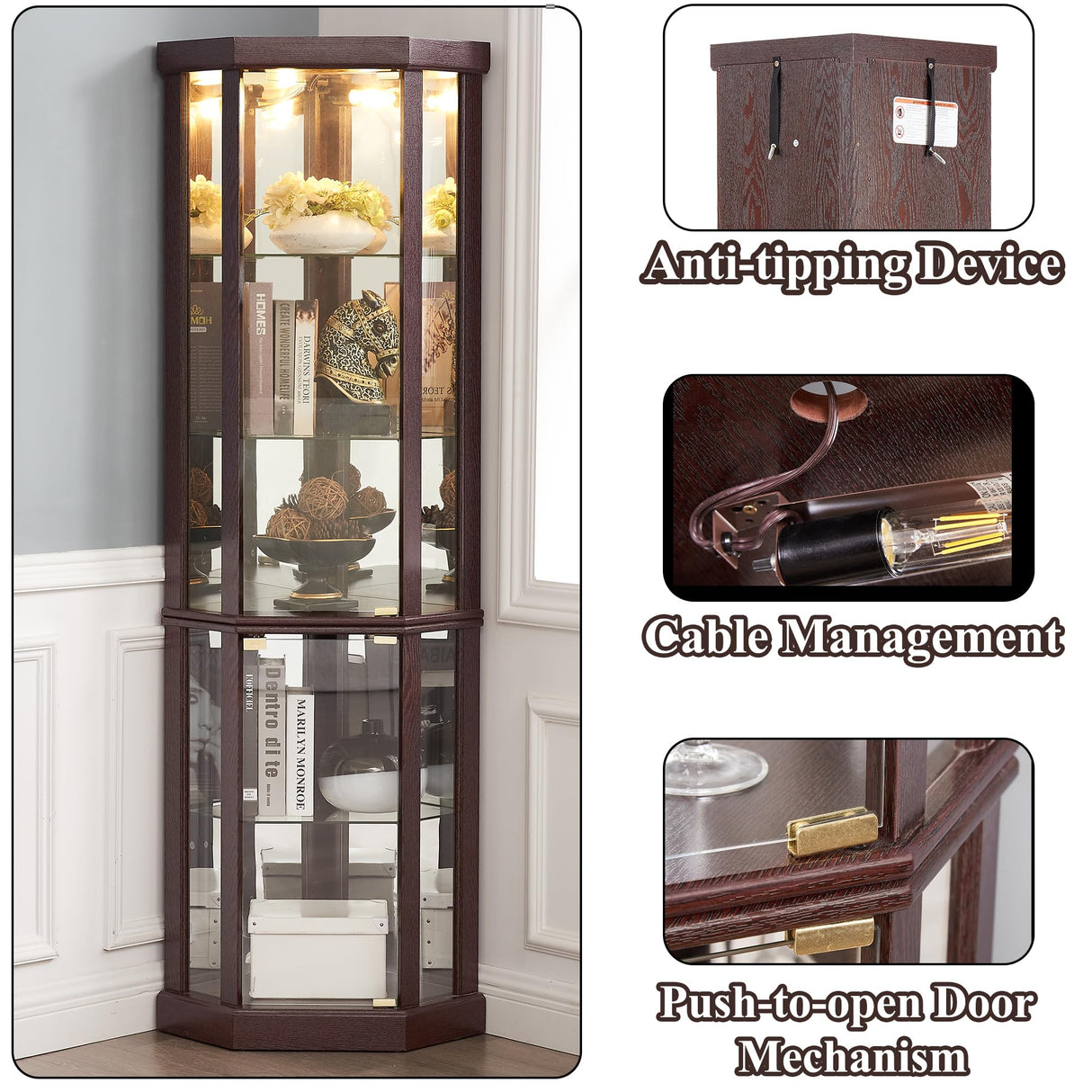 nifoti 69" H Lighted Curio Cabinet Corner Display Case,Corner Glass Cabinet with Tempered Glass Door and Adjustable Shelves,Wooden Corner Curio Cabinet with Mirrored Back Pane (Style 1 - Dark Cherry) nifoti