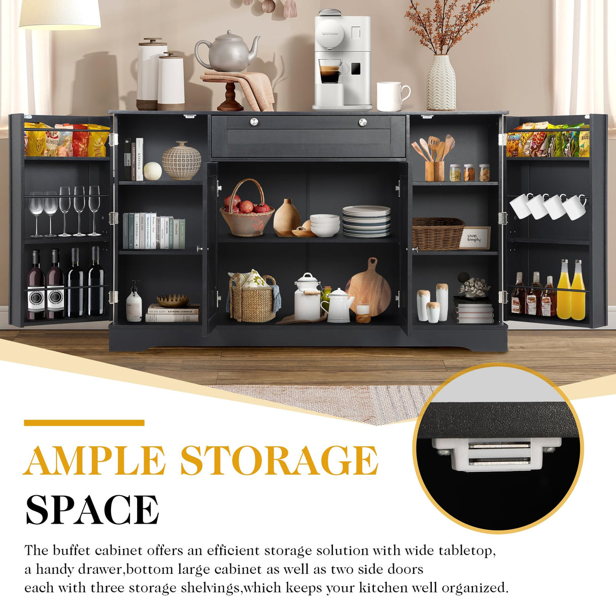 MAIBH 54" Buffet Cabinet with Drawer, Modern Kitchen Pantry Sideboard Storage Cabinets with 4 Doors and Adjustive Shelves, Coffee Bar Cabinet Buffet Table with Large Storage for Living Room (Black) MAIBH