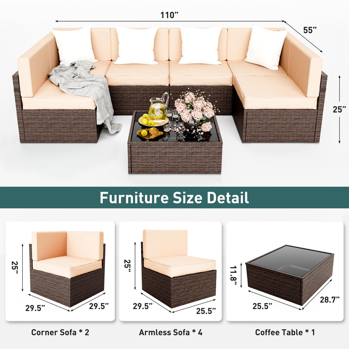 Pamapic Patio Furniture Set, 7 Pieces Modular Outdoor Sectional, Patio Sectional Sofa Conversation Set, Rattan Sofa with Coffee Table and Washable Cushions Covers, Brown Rattan and Beige Cushions Pamapic
