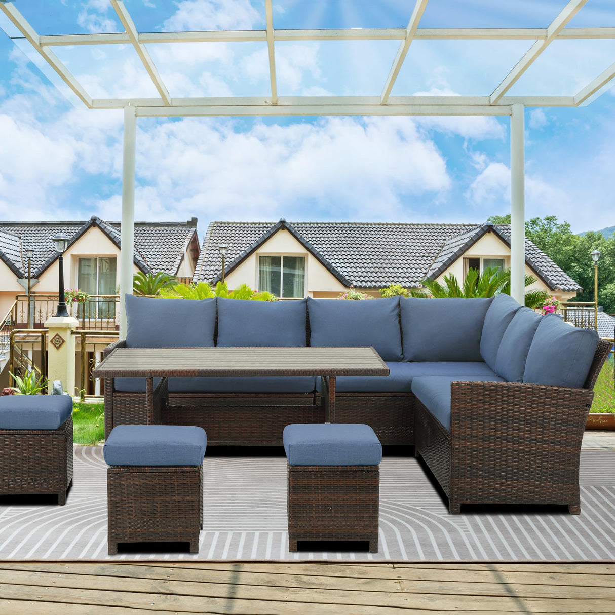 Wisteria Lane 7 Pieces Patio Furniture Set Outdoor Furniture Sectional, High Back Outdoor Patio Dining Table Set, Wicker Patio Conversation Set with Cushions for Balcony Lawn and Garden, Blue Wisteria Lane