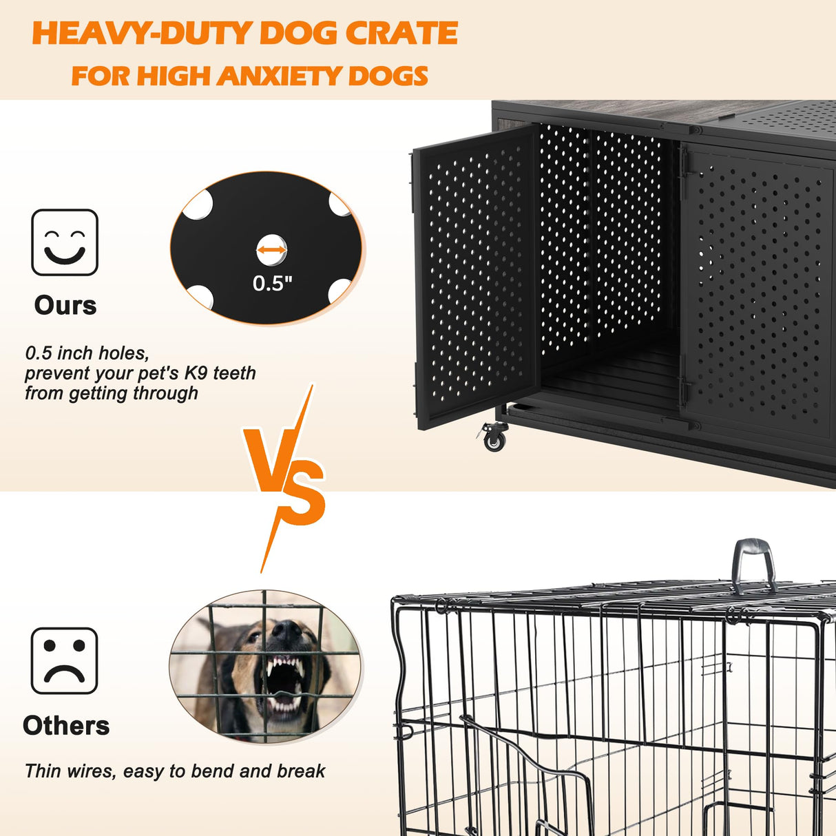 REXWELTEN 42" Heavy Duty Dog Crate Furniture for Medium and Large Dogs, Enclosed Design with 0.5 inch Holes, Indestructible Metal Kennel for High Anxiety Dogs, Chew Proof Indoor Pet House Cage, Gray Rexwelten